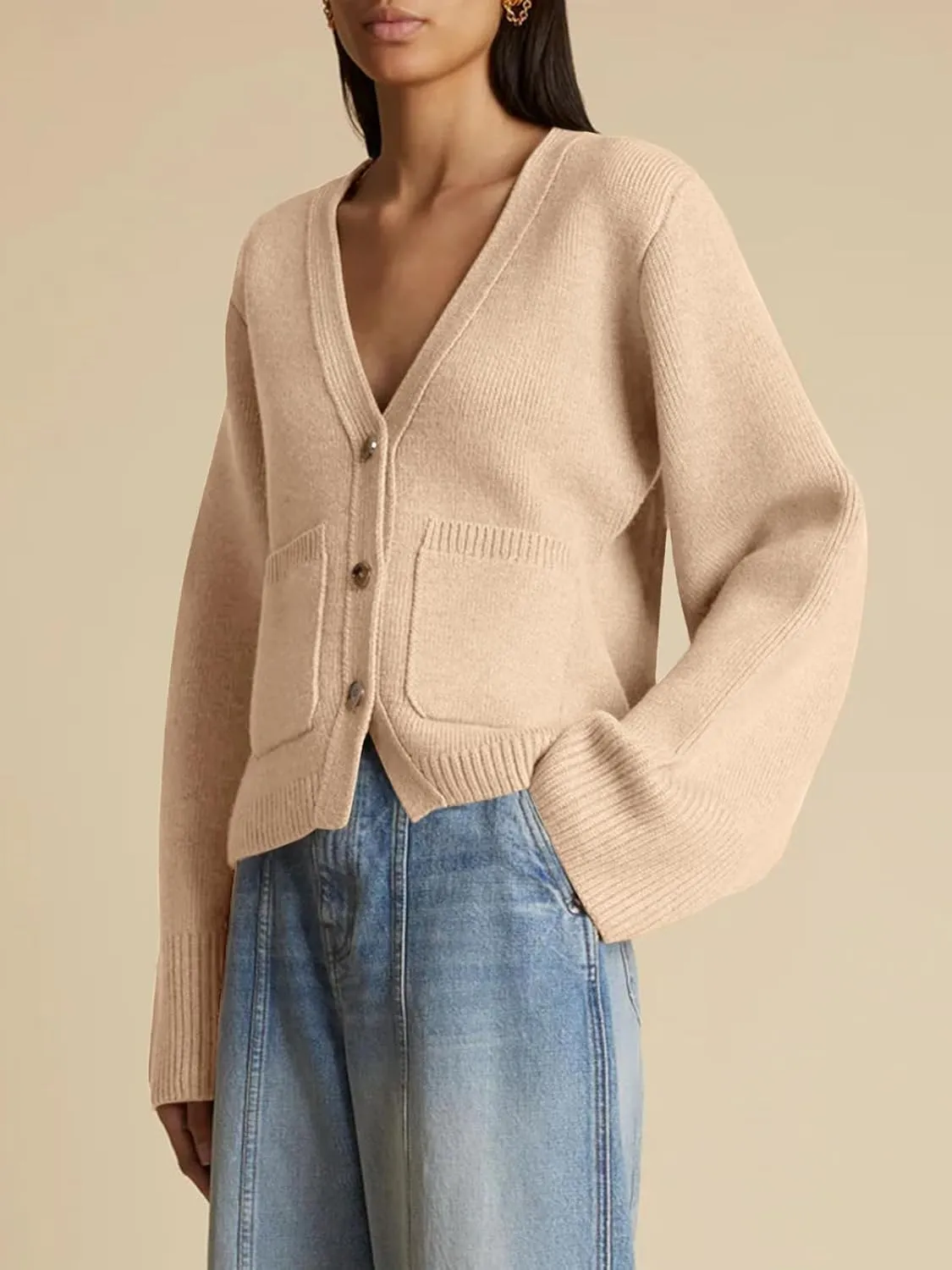 Saodimallsu Womens Deep V Neck Cardigan Sweaters Open Front Button Down Long Sleeve Cropped Knit Coats with Pockets
