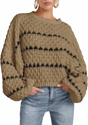 Saodimallsu Womens Oversized Sweaters Striped Long Lantern Sleeve Crew Neck Fall Trendy Knit Pullover Sweater