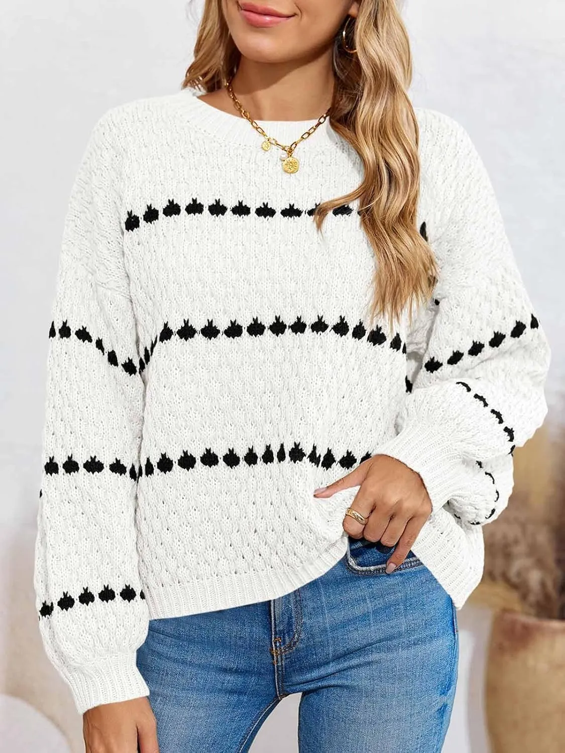 Saodimallsu Womens Oversized Sweaters Striped Long Lantern Sleeve Crew Neck Fall Trendy Knit Pullover Sweater