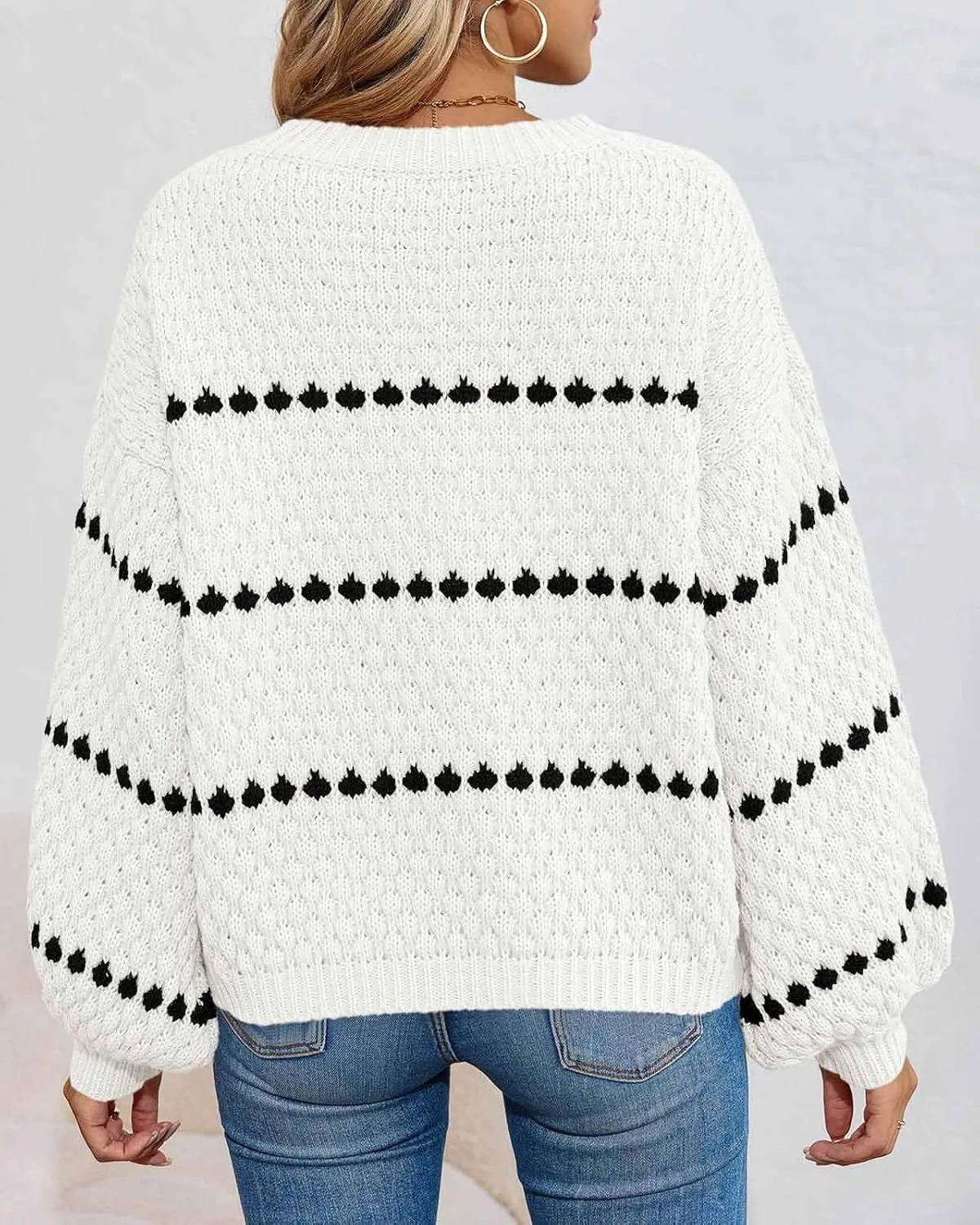 Saodimallsu Womens Oversized Sweaters Striped Long Lantern Sleeve Crew Neck Fall Trendy Knit Pullover Sweater