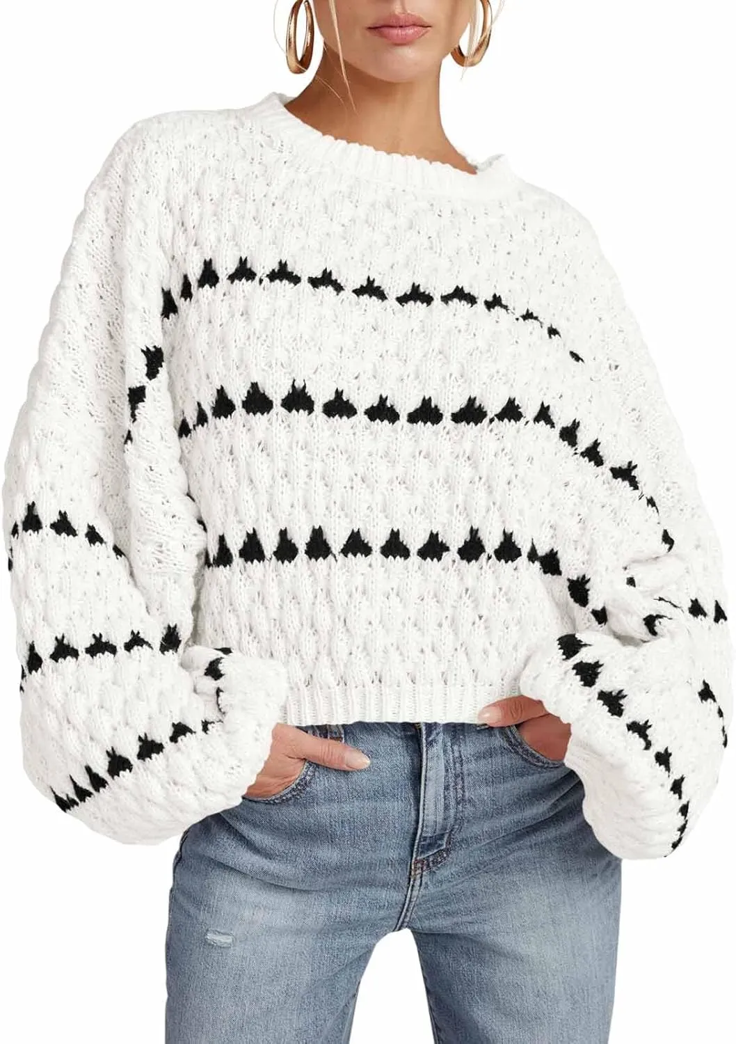 Saodimallsu Womens Oversized Sweaters Striped Long Lantern Sleeve Crew Neck Fall Trendy Knit Pullover Sweater