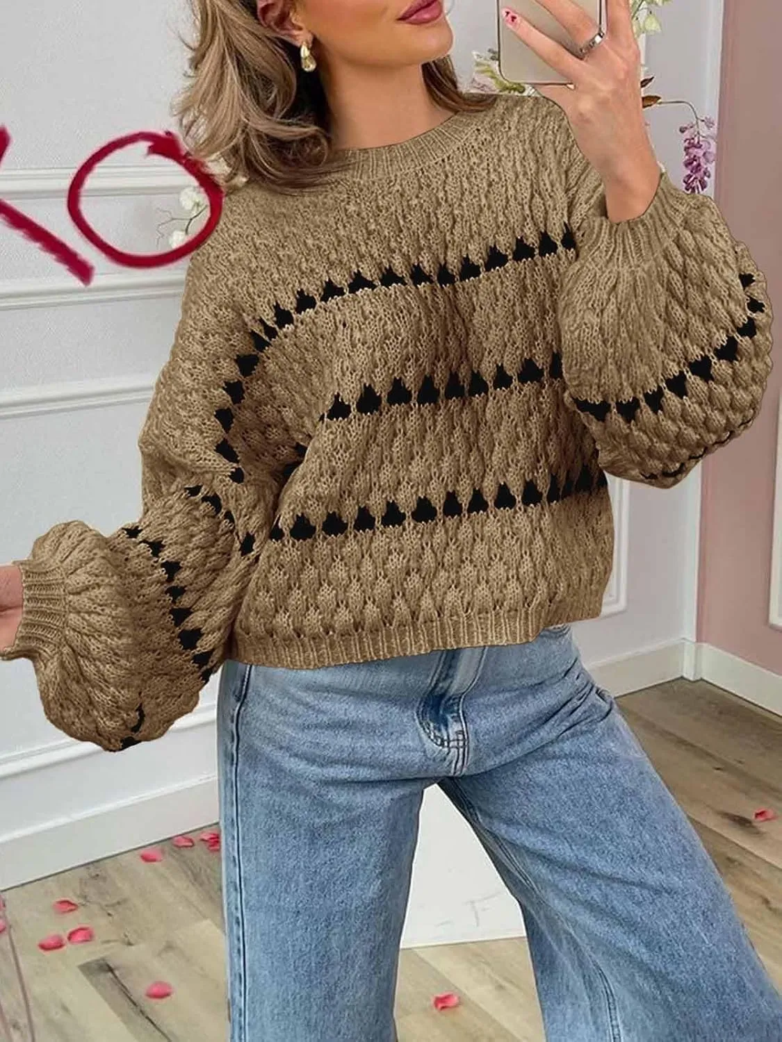 Saodimallsu Womens Oversized Sweaters Striped Long Lantern Sleeve Crew Neck Fall Trendy Knit Pullover Sweater
