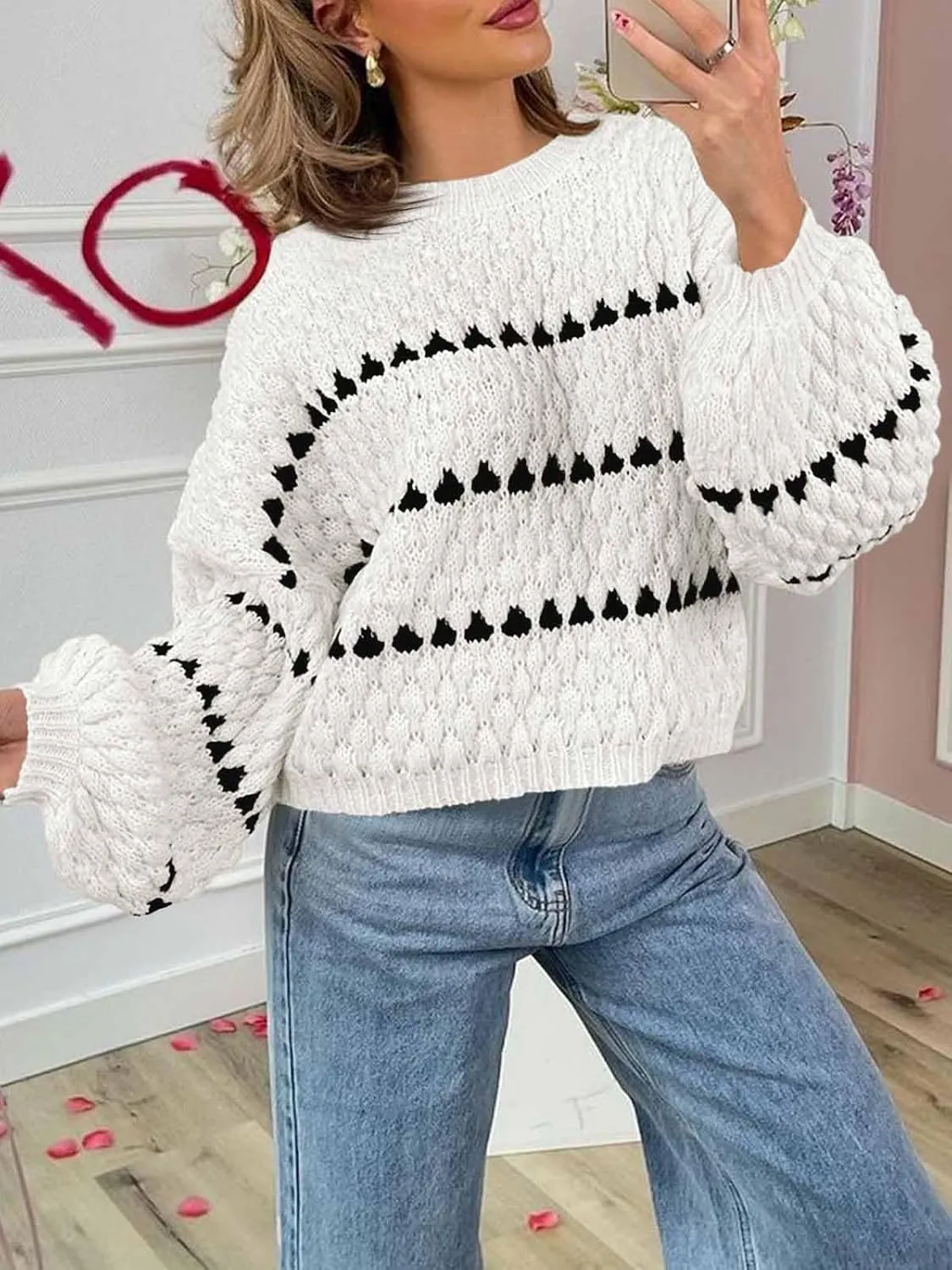 Saodimallsu Womens Oversized Sweaters Striped Long Lantern Sleeve Crew Neck Fall Trendy Knit Pullover Sweater