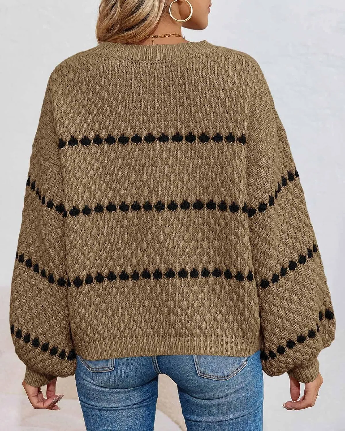 Saodimallsu Womens Oversized Sweaters Striped Long Lantern Sleeve Crew Neck Fall Trendy Knit Pullover Sweater