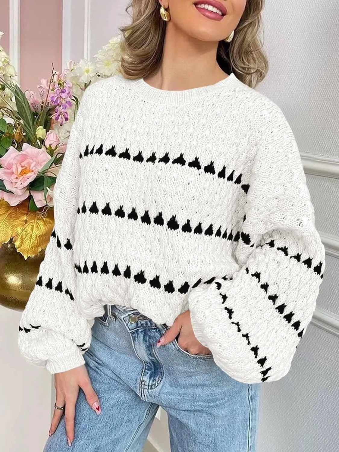 Saodimallsu Womens Oversized Sweaters Striped Long Lantern Sleeve Crew Neck Fall Trendy Knit Pullover Sweater