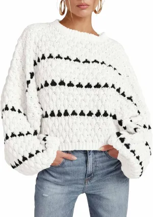 Saodimallsu Womens Oversized Sweaters Striped Long Lantern Sleeve Crew Neck Fall Trendy Knit Pullover Sweater