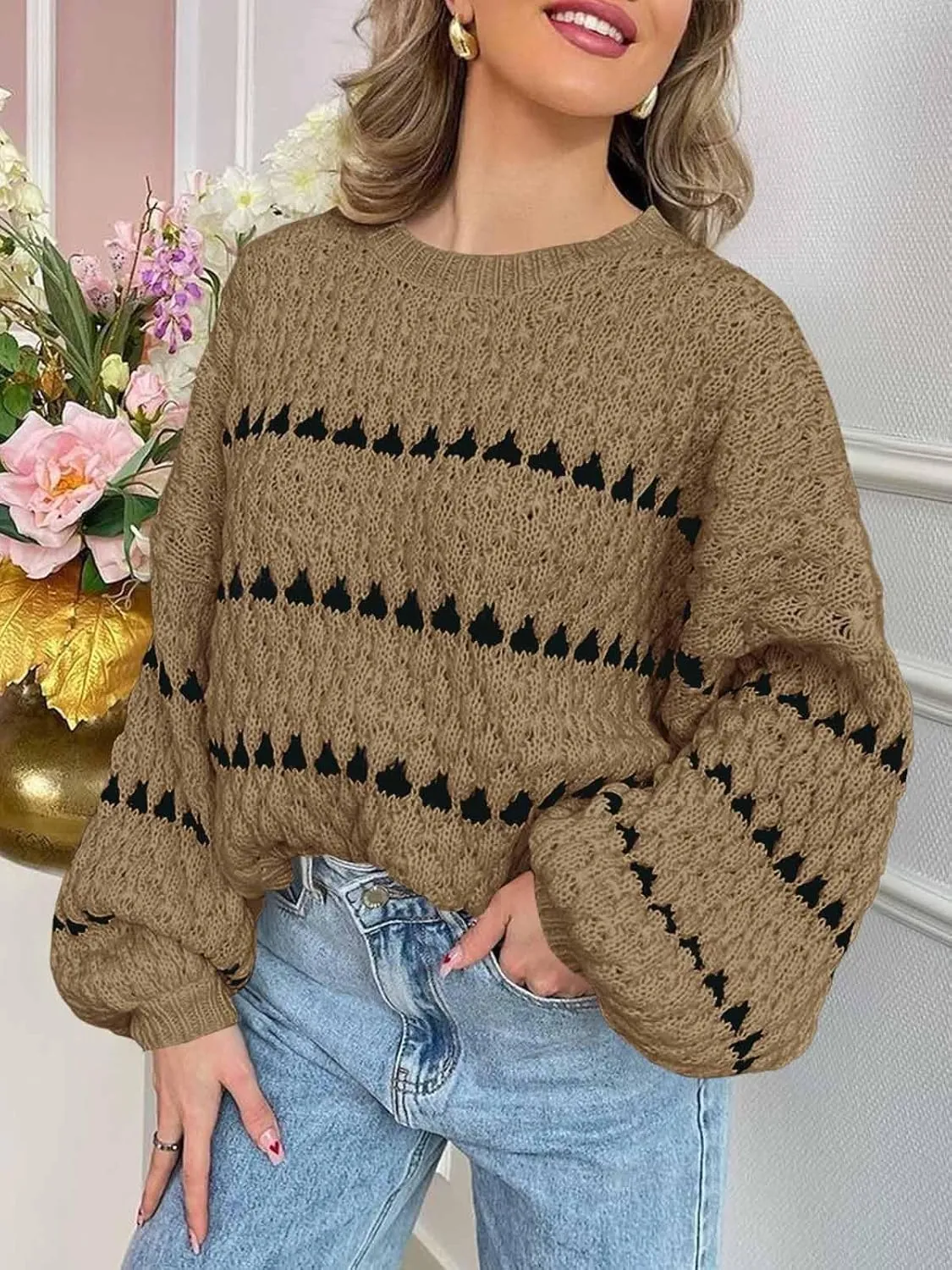 Saodimallsu Womens Oversized Sweaters Striped Long Lantern Sleeve Crew Neck Fall Trendy Knit Pullover Sweater