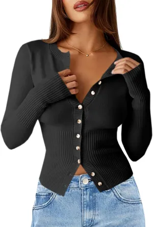 Saodimallsu Womens Slim Fit Cardigan Sweaters Sexy Button Crew Neck Fall Trendy Knit Long Sleeve Soft Open Front Tops
