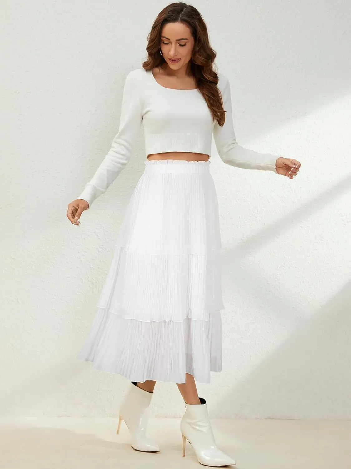SENFURE Women's Elastic Waist - Chiffon Pleated A-Line Flowy Maxi Skirt