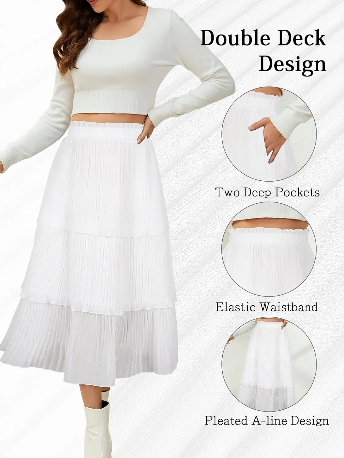 SENFURE Women's Elastic Waist - Chiffon Pleated A-Line Flowy Maxi Skirt