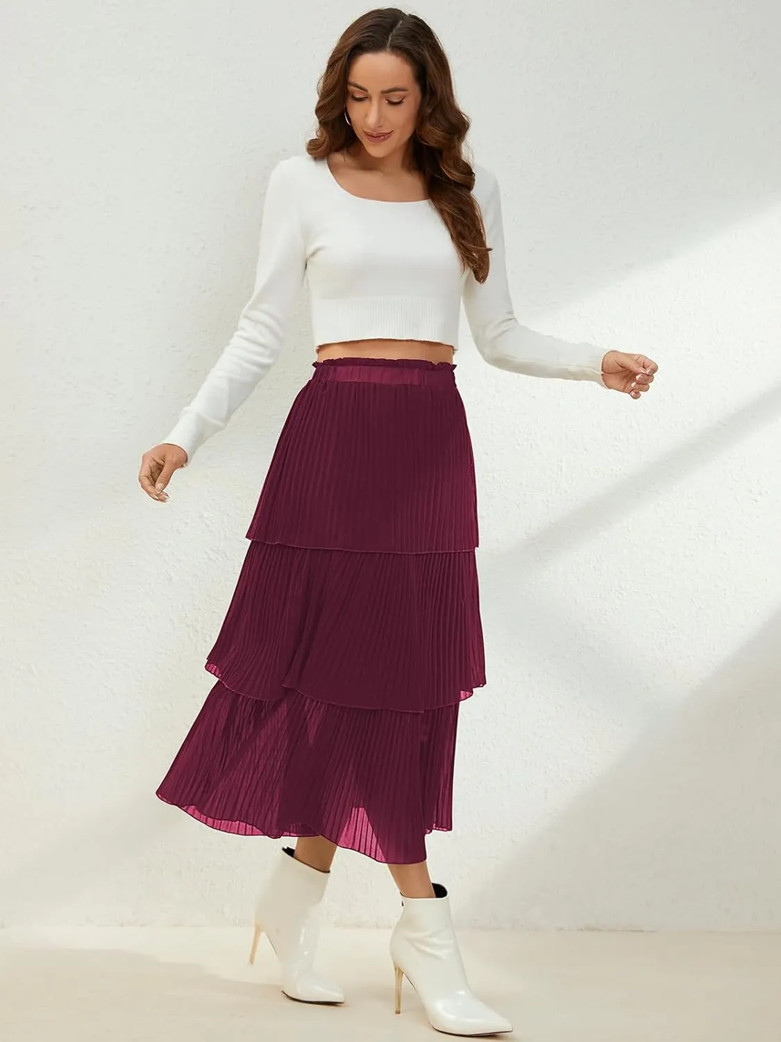 SENFURE Women's Elastic Waist - Chiffon Pleated A-Line Flowy Maxi Skirt