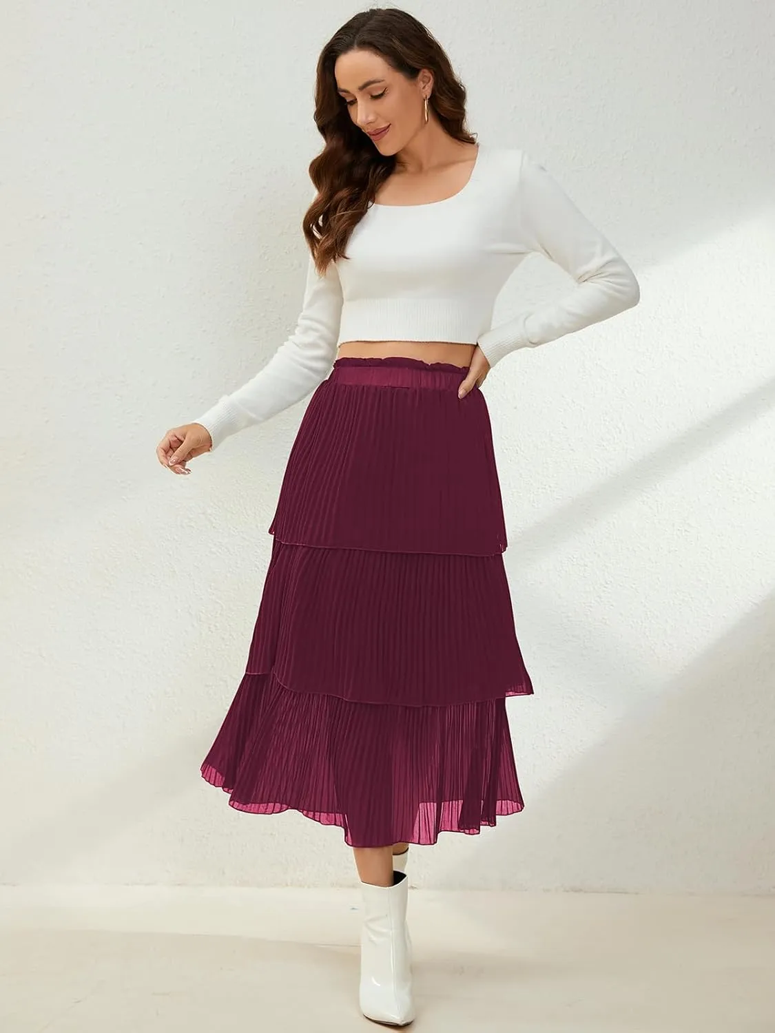 SENFURE Women's Elastic Waist - Chiffon Pleated A-Line Flowy Maxi Skirt