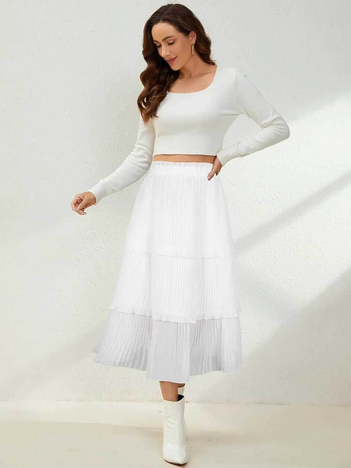 SENFURE Women's Elastic Waist - Chiffon Pleated A-Line Flowy Maxi Skirt