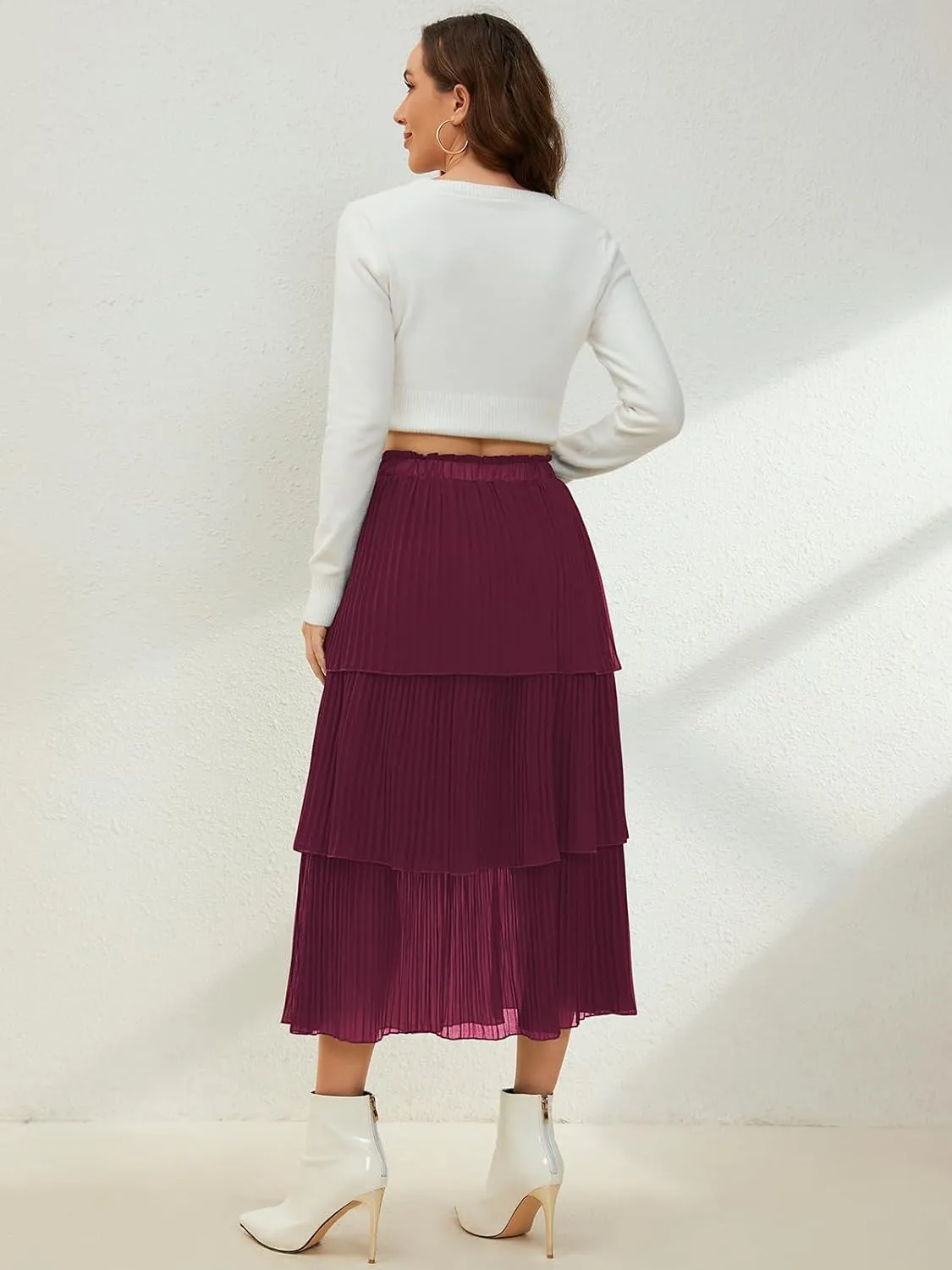 SENFURE Women's Elastic Waist - Chiffon Pleated A-Line Flowy Maxi Skirt