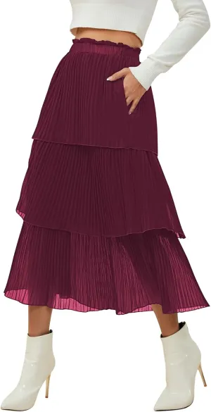 SENFURE Women's Elastic Waist - Chiffon Pleated A-Line Flowy Maxi Skirt