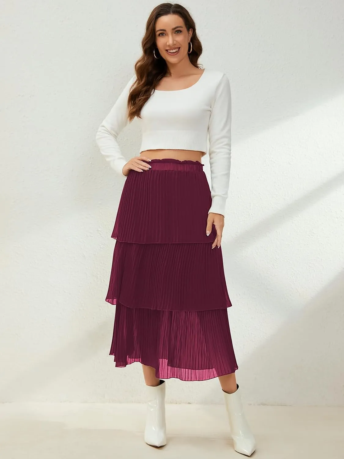 SENFURE Women's Elastic Waist - Chiffon Pleated A-Line Flowy Maxi Skirt