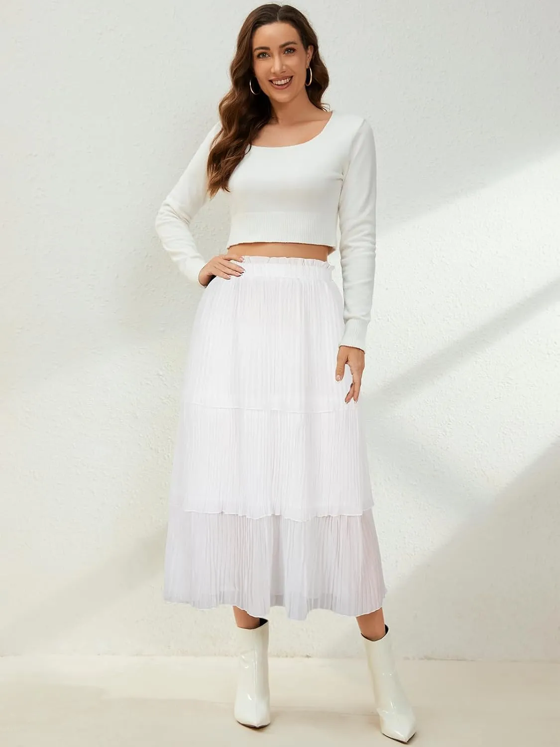 SENFURE Women's Elastic Waist - Chiffon Pleated A-Line Flowy Maxi Skirt