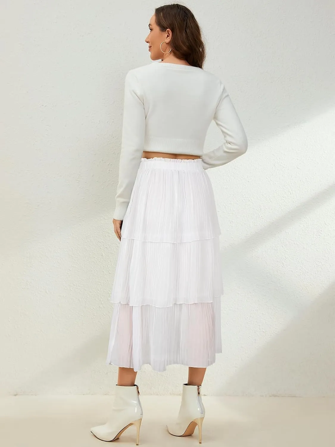SENFURE Women's Elastic Waist - Chiffon Pleated A-Line Flowy Maxi Skirt