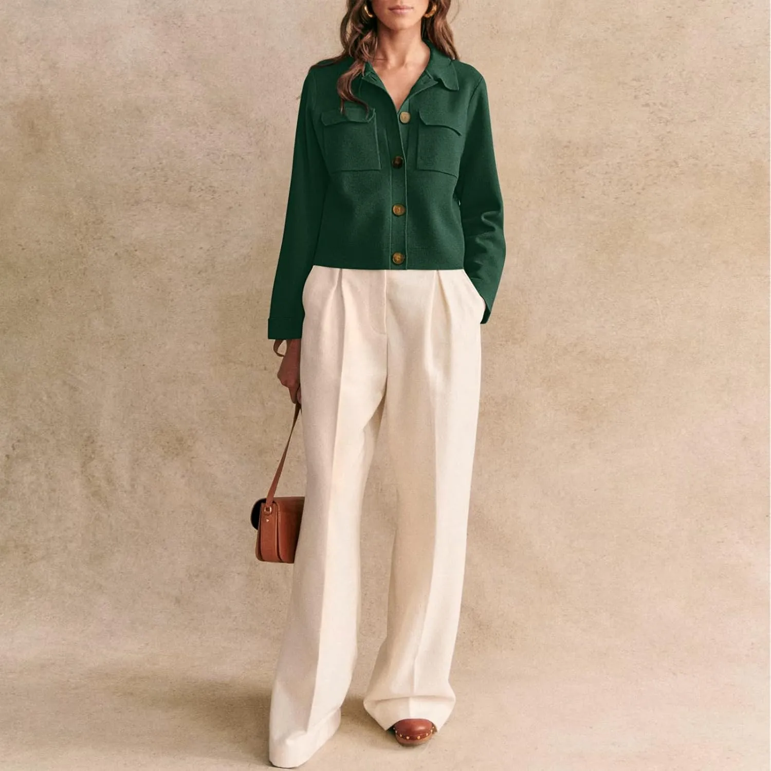 Senllen Women Cropped Cardigan Sweaters 2025 Casual Trendy Collared Button Down Open Front Long Sleeve Knit Shackets Jackets