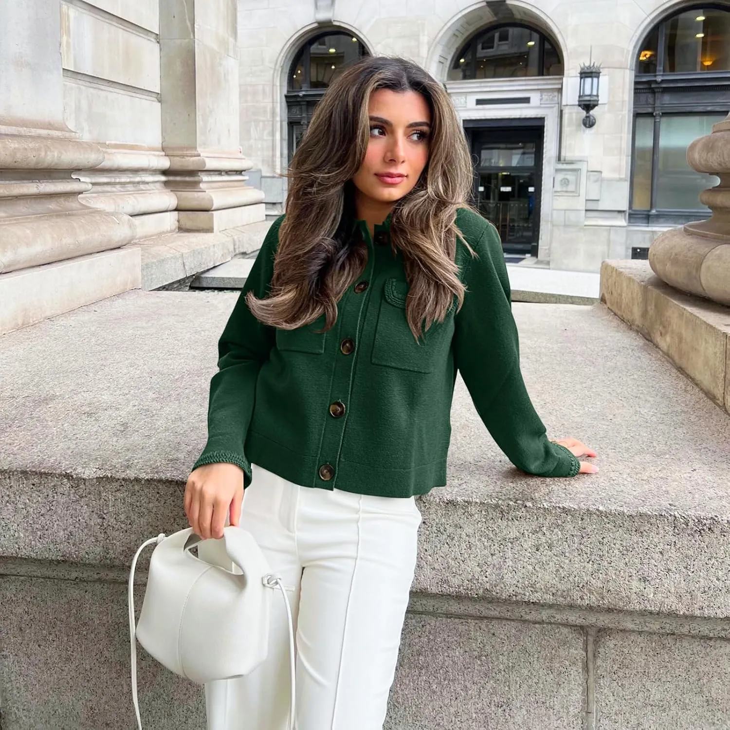 Senllen Women Cropped Cardigan Sweaters 2025 Casual Trendy Collared Button Down Open Front Long Sleeve Knit Shackets Jackets