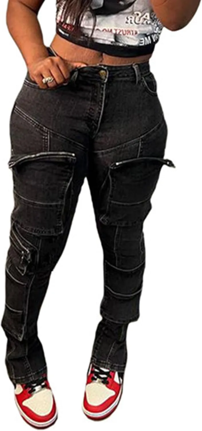 Sexyshine Women's High Waist Multi-Pocket Cargo Jeans Y2K Skinny Long Stretch Pencil Denim Pants