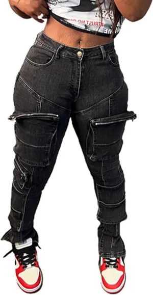 Sexyshine Women's High Waist Multi-Pocket Cargo Jeans Y2K Skinny Long Stretch Pencil Denim Pants