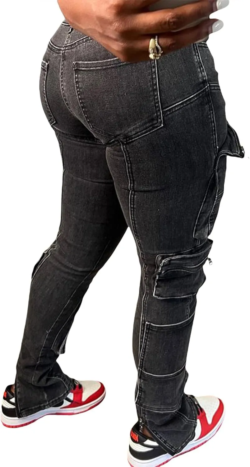 Sexyshine Women's High Waist Multi-Pocket Cargo Jeans Y2K Skinny Long Stretch Pencil Denim Pants