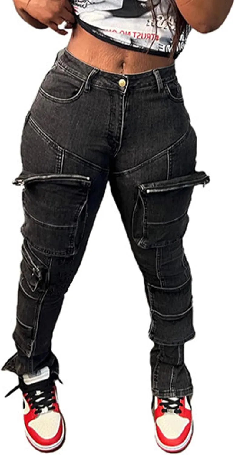 Sexyshine Women's High Waist Multi-Pocket Cargo Jeans Y2K Skinny Long Stretch Pencil Denim Pants