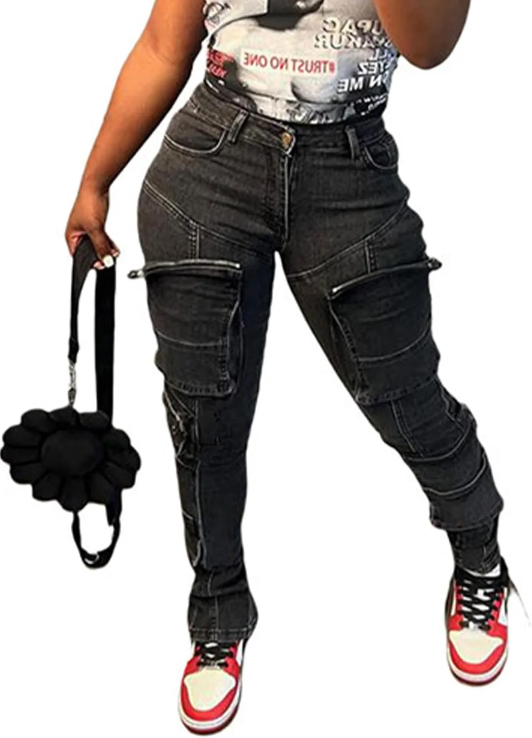 Sexyshine Women's High Waist Multi-Pocket Cargo Jeans Y2K Skinny Long Stretch Pencil Denim Pants
