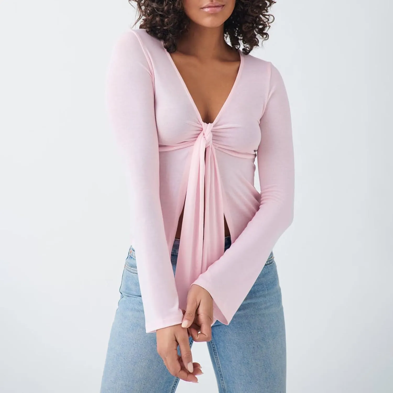Seyumixi Women Y2k Tie Front Long Sleeve Top V Neck Slim Fit Shirt Tee Trendy Fashion Tie Up Blouse Tops Streetwear