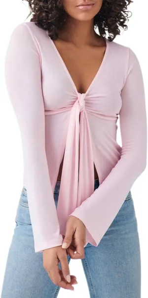 Seyumixi Women Y2k Tie Front Long Sleeve Top V Neck Slim Fit Shirt Tee Trendy Fashion Tie Up Blouse Tops Streetwear