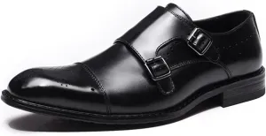 Single Season Dress Oxford Shoes for Men Slip On Double Monk Strap Brogue Cap Toe Leather Block Heel Resistant Non Slip Outdoor Very Popular Among Young People (Color : Black, Size : 7