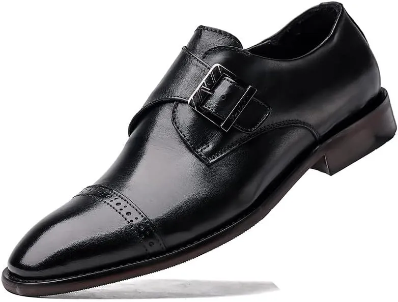 Single Season Dress Shoes for Men Slip On Monk Strap Cap Burnished Toe Leather Resistant Non Slip Anti-Slip Low Top Block Heel Casual Very Popular Among Young People (Color : Black, Siz
