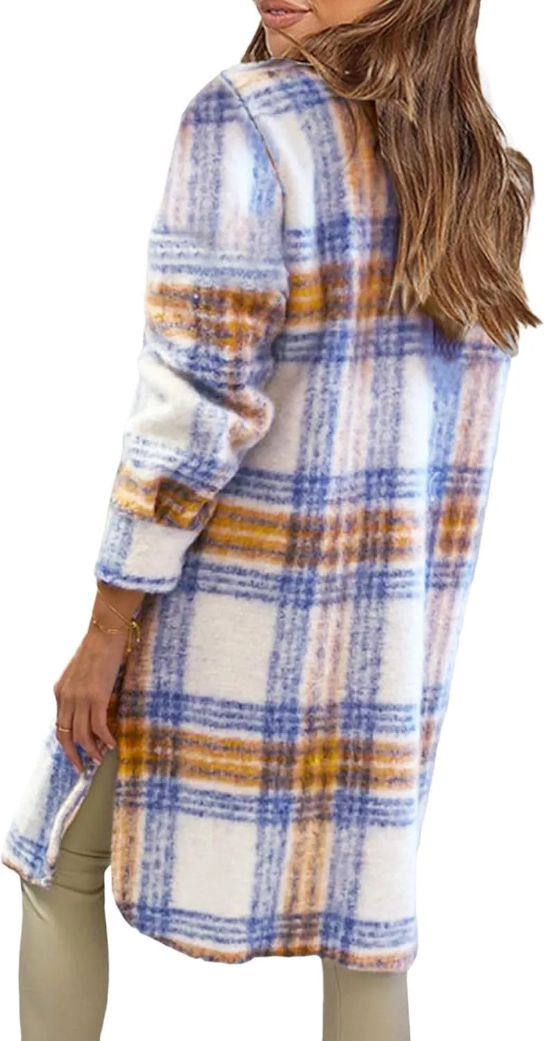SOMTHRON Women's Casual Wool Blend Brushed Plaid Shirt Jacket Loose Fit Button Down Long Trench Shacket Coat