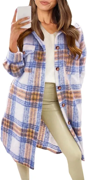 SOMTHRON Women's Casual Wool Blend Brushed Plaid Shirt Jacket Loose Fit Button Down Long Trench Shacket Coat