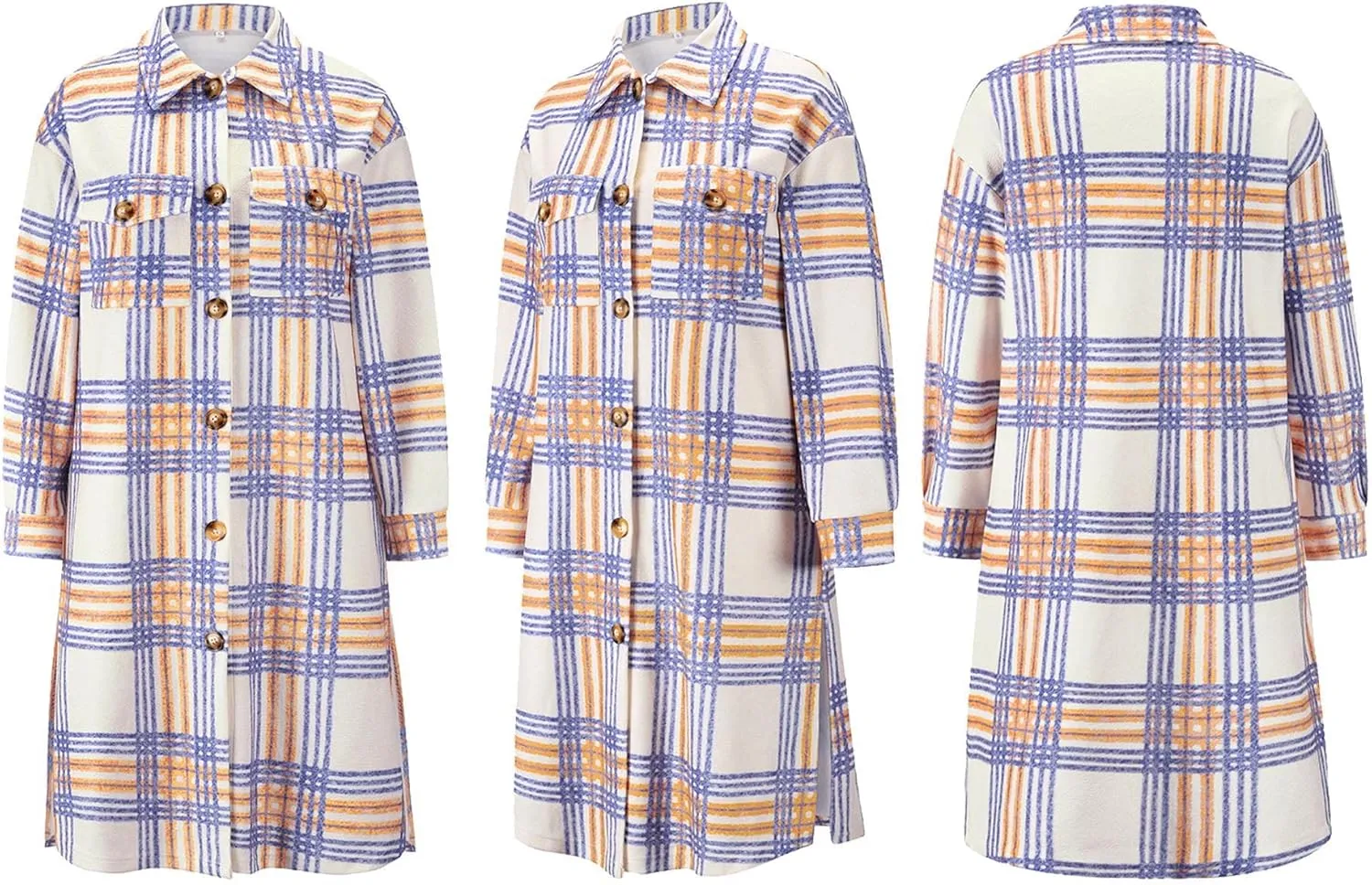 SOMTHRON Women's Casual Wool Blend Brushed Plaid Shirt Jacket Loose Fit Button Down Long Trench Shacket Coat