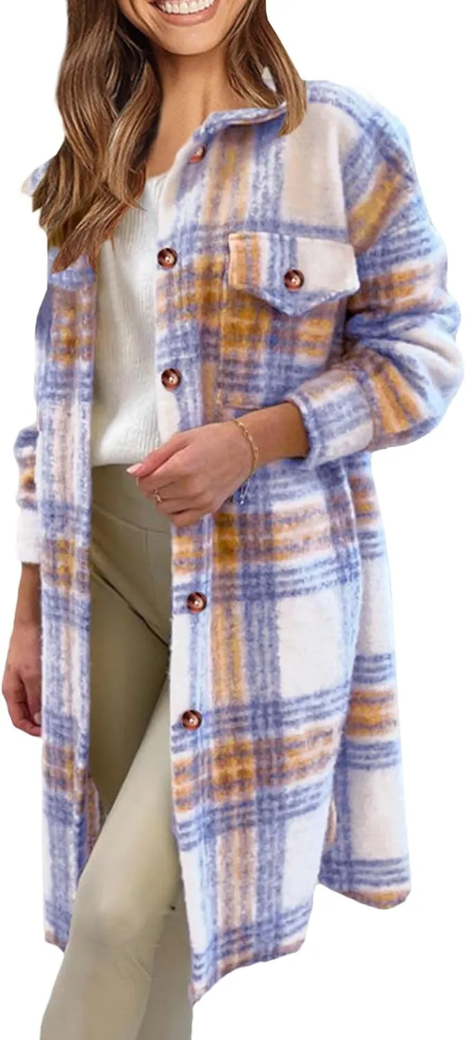 SOMTHRON Women's Casual Wool Blend Brushed Plaid Shirt Jacket Loose Fit Button Down Long Trench Shacket Coat