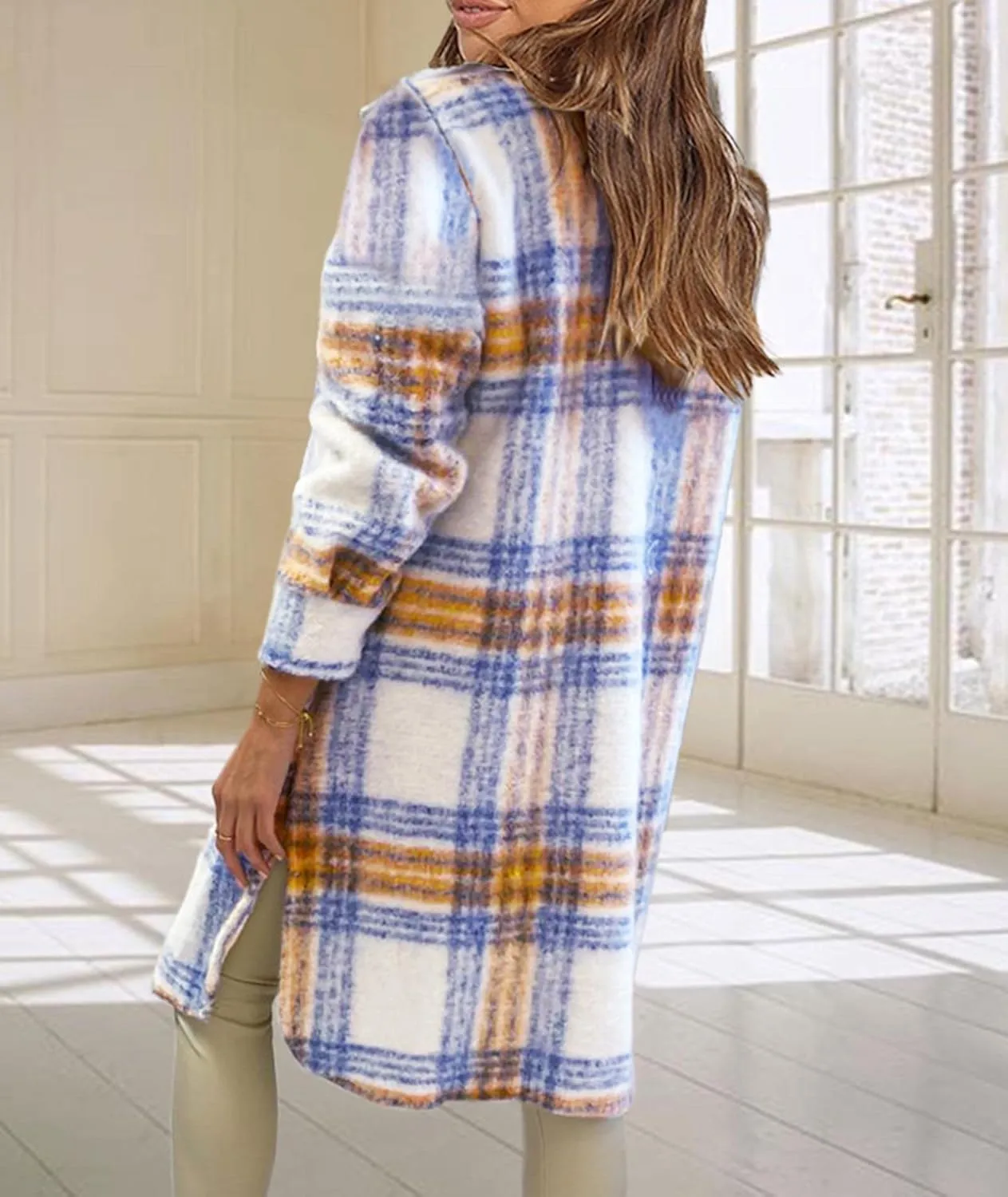 SOMTHRON Women's Casual Wool Blend Brushed Plaid Shirt Jacket Loose Fit Button Down Long Trench Shacket Coat