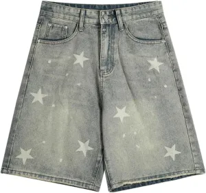 Star Print Wide Leg Denim Shorts High Waist Vintage Washed Loose Baggy Streetwear Casual Jean Shorts Jorts