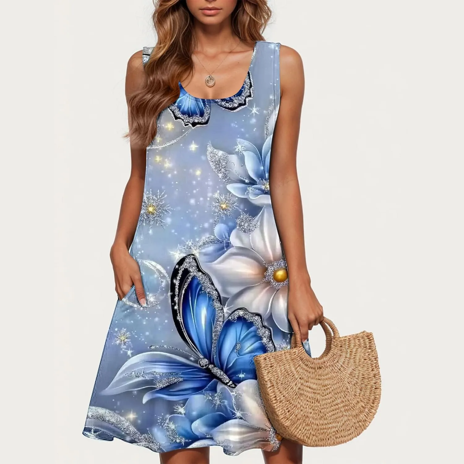 Sun Dresses for Women 2025 Vacation Bohemian Floral Flowy a Line Tank Dress Casual Summer Beach Coverup with Pockets