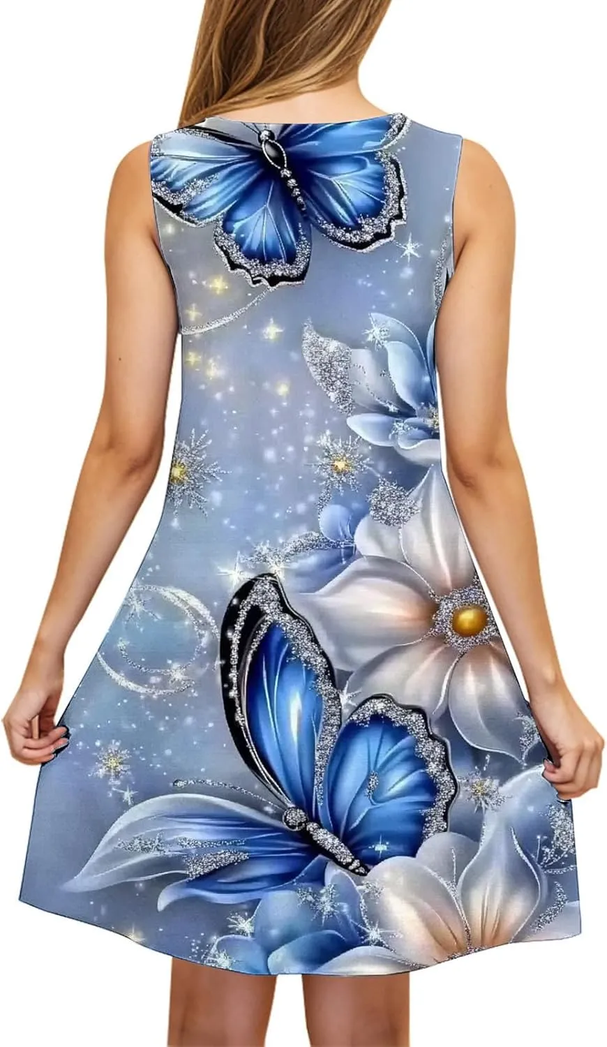 Sun Dresses for Women 2025 Vacation Bohemian Floral Flowy a Line Tank Dress Casual Summer Beach Coverup with Pockets