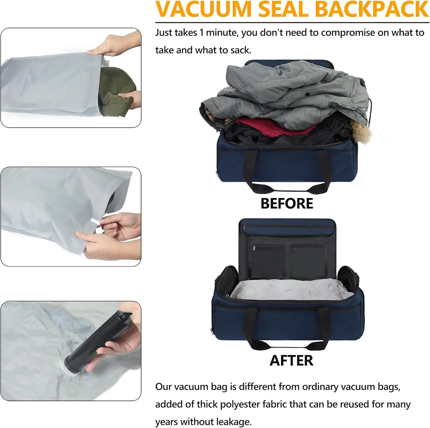 SUOCO Convertible Vacuum Garment Duffle Bags for Travel, Carry On 2 in 1 Hanging Duffel Suitcase Bag with Vacuum Compression Bag for Suit Dresse Uniform Men Women, Navy Blue