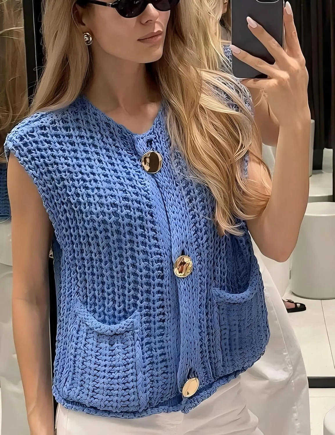 Sweater Vest for Women 2025 Casual Cropped Open Front Sleeveless Chunky Knit Top Button Down Cardigan with Pockets