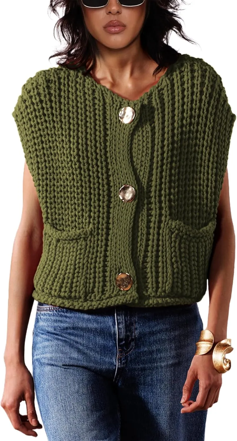 Sweater Vest for Women 2025 Casual Cropped Open Front Sleeveless Chunky Knit Top Button Down Cardigan with Pockets