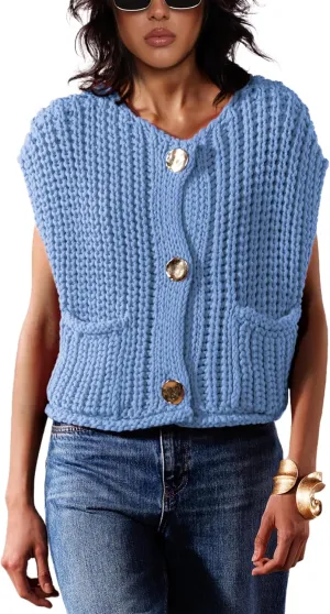 Sweater Vest for Women 2025 Casual Cropped Open Front Sleeveless Chunky Knit Top Button Down Cardigan with Pockets