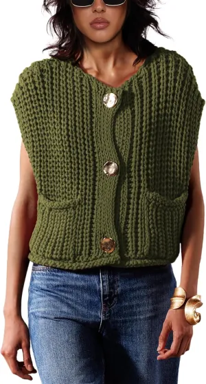 Sweater Vest for Women 2025 Casual Cropped Open Front Sleeveless Chunky Knit Top Button Down Cardigan with Pockets