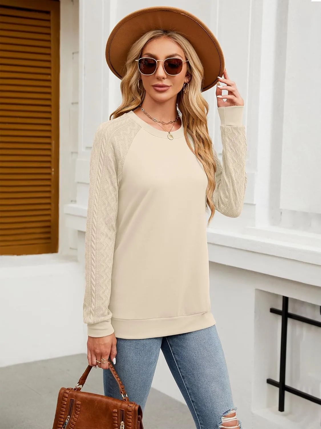 Sweatshirts for Women Crewneck Cable Knit Long Sleeve Sweaters Lightweight Loose Tops 2025