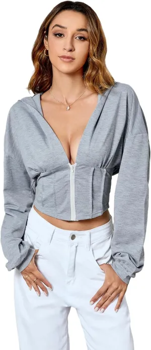 SweatyRocks Women's Long Sleeve V Neck Half Zipper Sweatshirt Hoodie Cropped Jacket Coat Top