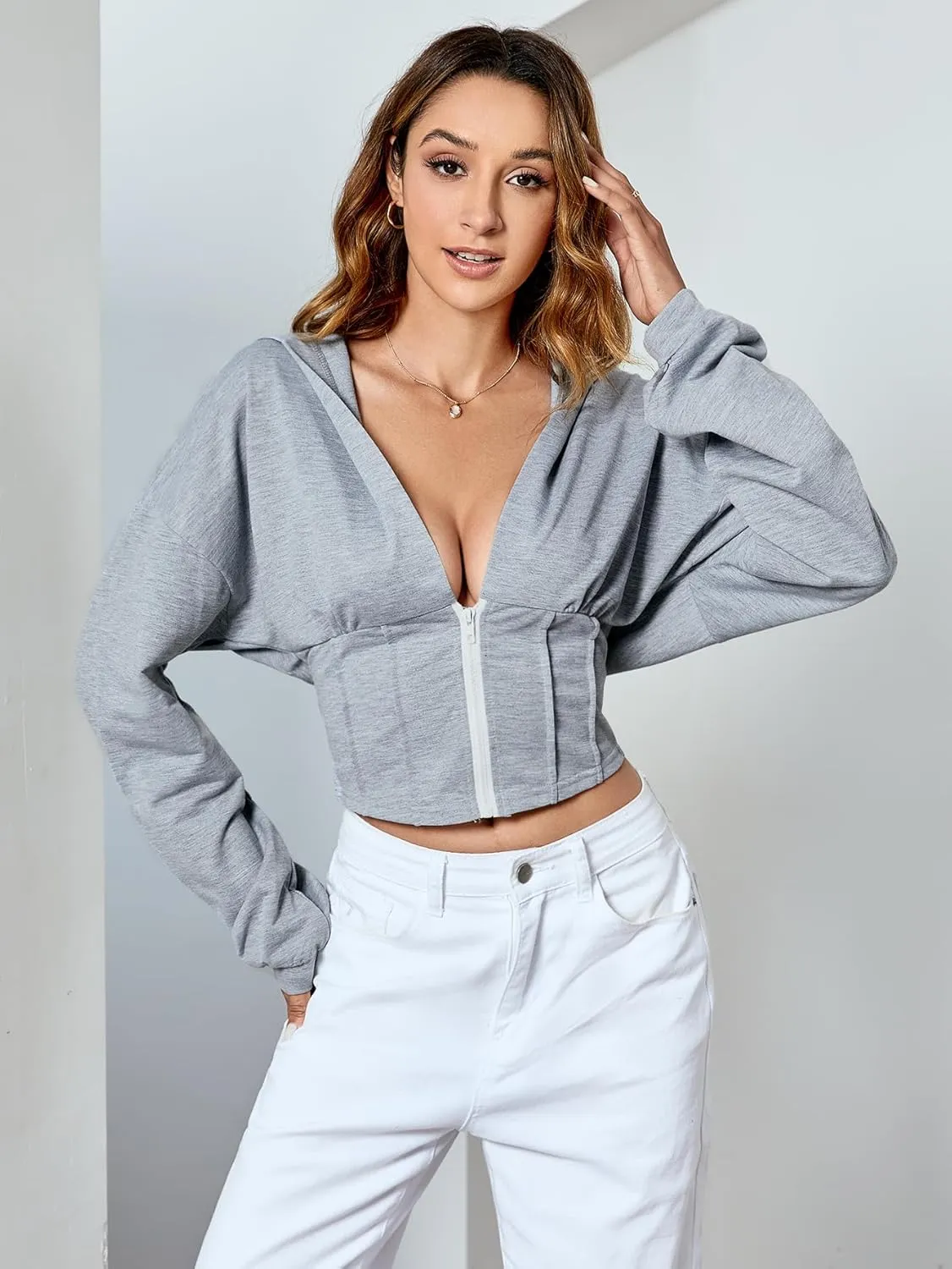 SweatyRocks Women's Long Sleeve V Neck Half Zipper Sweatshirt Hoodie Cropped Jacket Coat Top