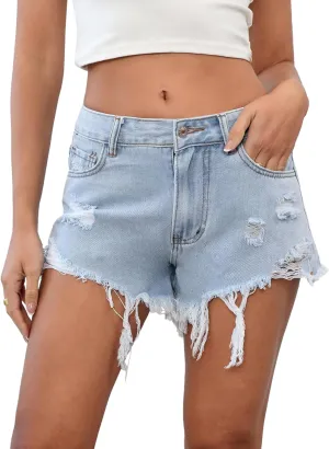 SweatyRocks Women's Ripped Distressed High Waisted Summer Denim Shorts with Pockets
